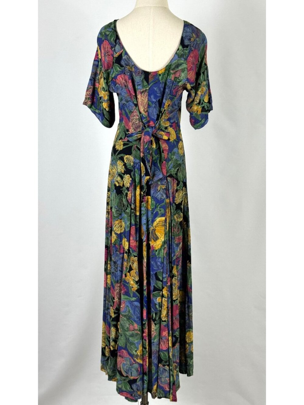 Vtg 90s Olive Painted Floral Maxi Dress Sz L Tie Back Rayon Pleated Artsy Whimsy - Picture 7 of 13